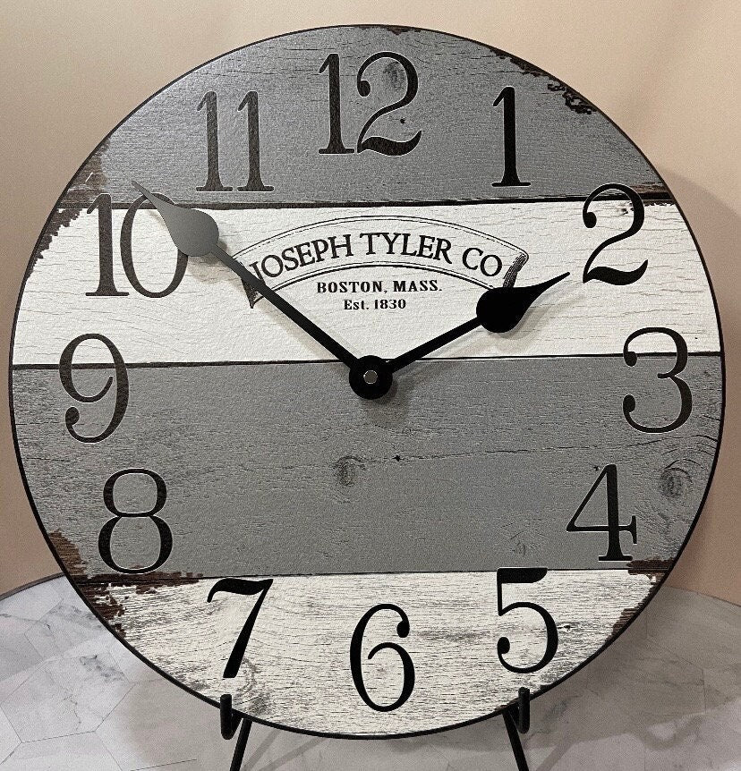il_fullxfull.5732762089_1z75.jpg Barnwood Gray & White Wall Clock - Image 1